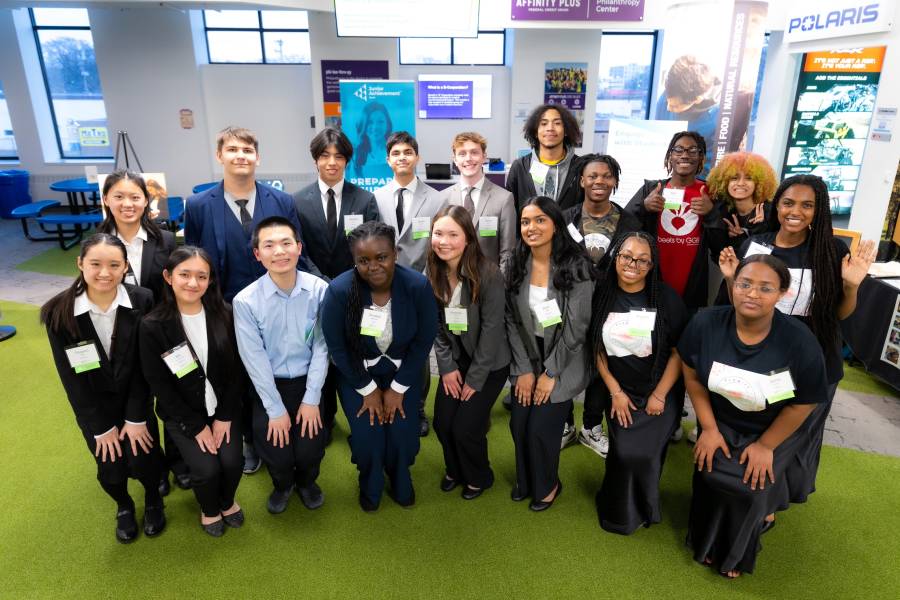 Student companies pose for a group photo at Company of the Year Celebration
